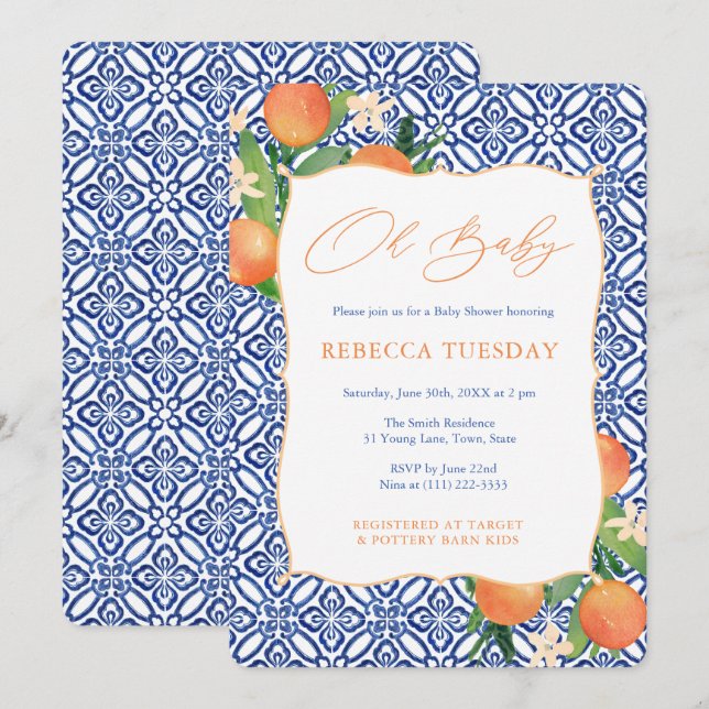 Citrus Sinensis Orange Positano Blue Baby Dusche Einladung (Vorne/Hinten)