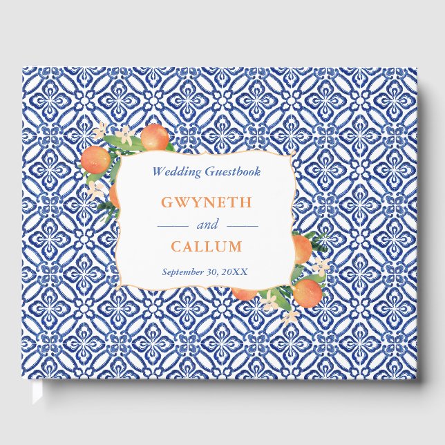 Citrus Sinensis Orangen Blaue Keramik Muster Gästebuch (Vorderseite)