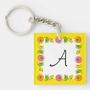 Citrus Square Gelbes Monogramm Quadrat beidseitig Schlüsselanhänger