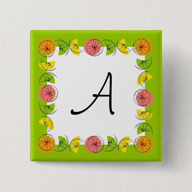 Citrus Square Green Monogram Square Button (Vorderseite)