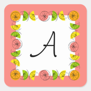 Citrus Square Pink Monogram Aufkleber Quadrat