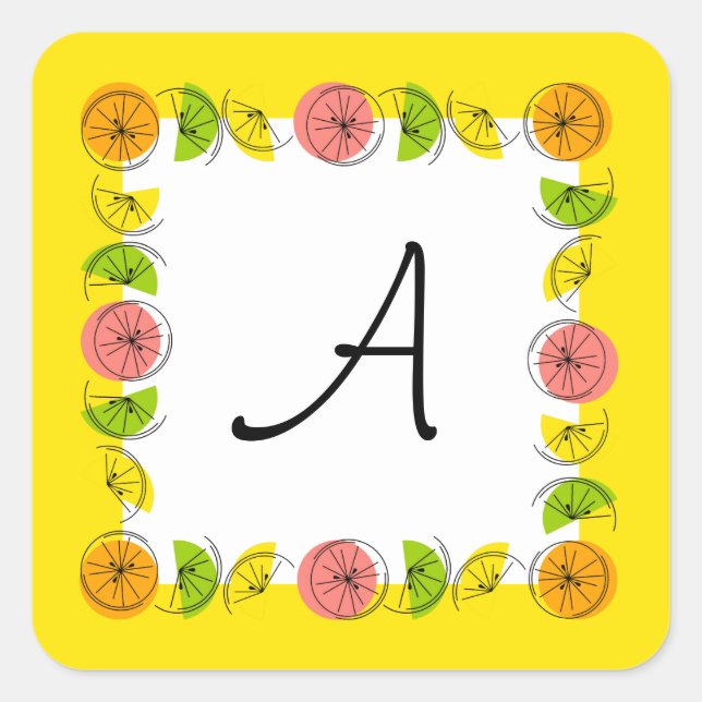 Citrus Square Yellow Monogram Aufkleber Quadrat (Vorderseite)