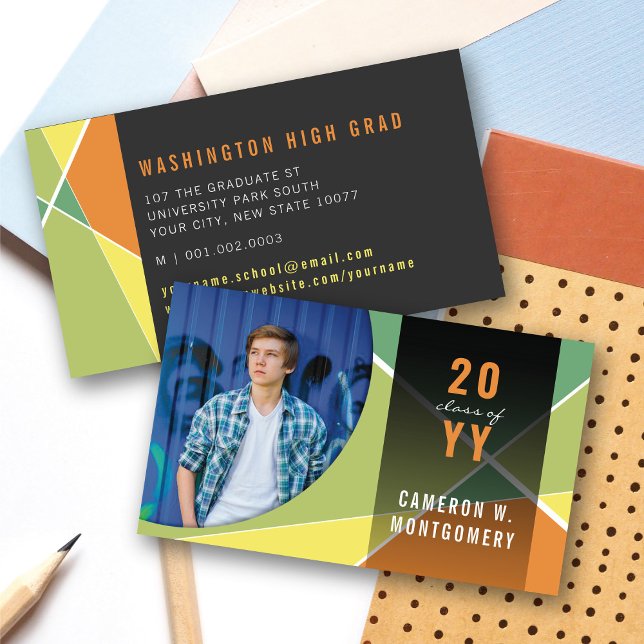 Citrus Stylish Geometric Lines Mod Foto Graduate Telefonnummerkarte (Citrus Stylish Geometric Criss Cross Photo Graduation Calling / Name Card @ zazzle.com/color_therapy)
