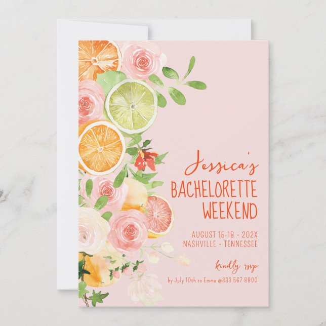 Citrus Summer Floral Bachelorette Wochenende Einladung (Vorderseite)