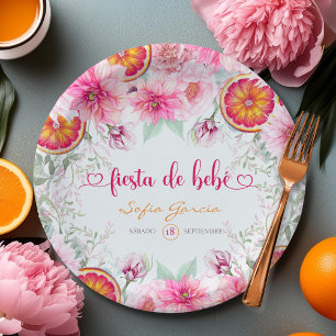 Citrus- und rosa Blumen Fiesta Spanische Babyparty Pappteller