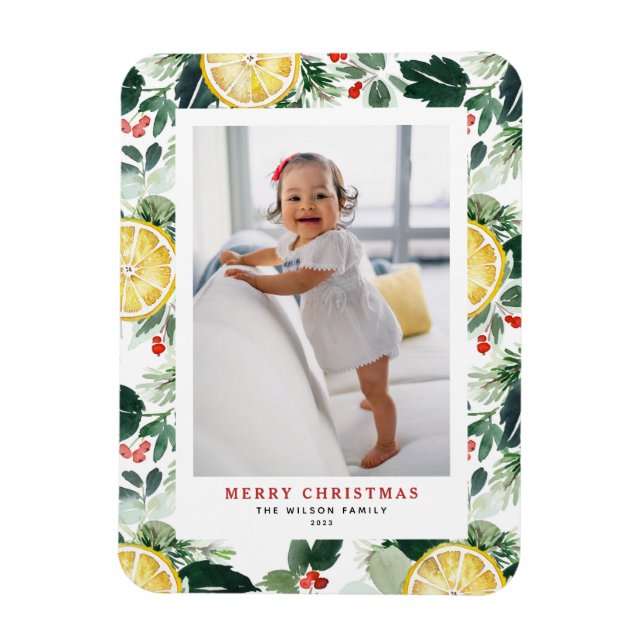 Citrus und Winter Greenery Muster Weihnachts-Foto Magnet (Vertikal)