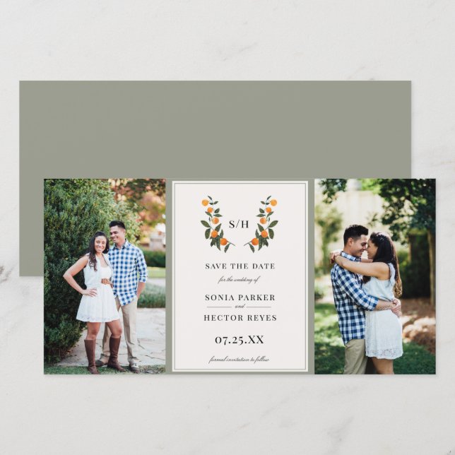 Citrus Wappen Monogram Foto Save The Date (Vorne/Hinten)