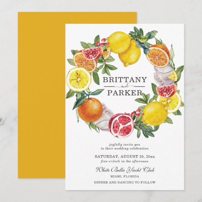 Citrus Watercolor Botanical Wreath Wedding Einladung (Vorne/Hinten)