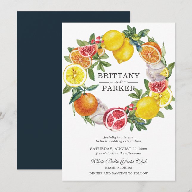 Citrus Watercolor Botanical Wreath Wedding Einladung (Vorne/Hinten)