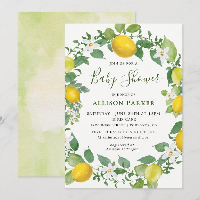 Citrus Watercolor Lemon Themed Baby Dusche Einladung (Vorne/Hinten)