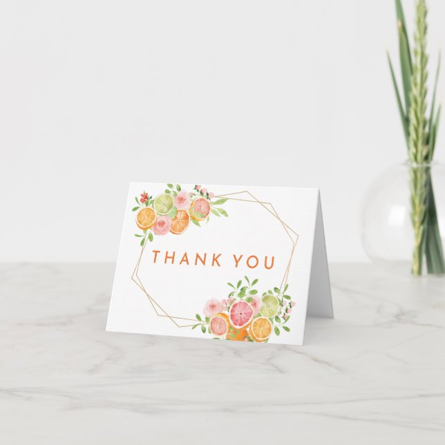 Citrus Watercolor Wedding Foto geklappt Dankeskarte (Vorderseite)