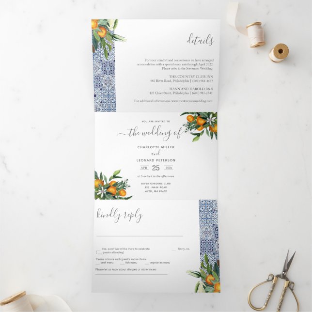 Citrus Wedding Foto tiles Tri-Fold Einladung (Innenseite)