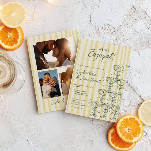 Citrus Yellow Champagne Tower Photo Engagement Einladung (Citrus Yellow Champagne Tower Photo Engagement Invitation)