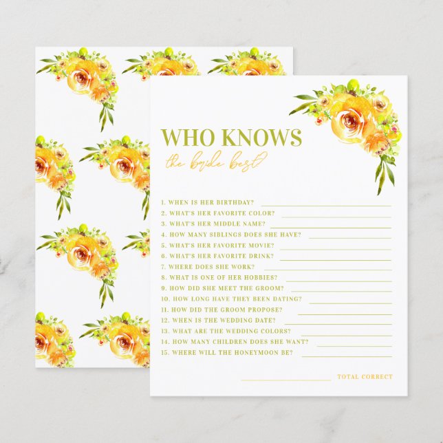 Citrus Yellow Floral Who Knows the Bride Best Game (Vorne/Hinten)