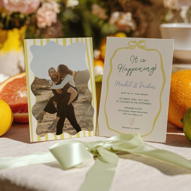 Citrus Yellow Green Ribbon Bow Photo Wedding Einladung (Citrus Yellow Green Ribbon Bow Photo Wedding Invitation)