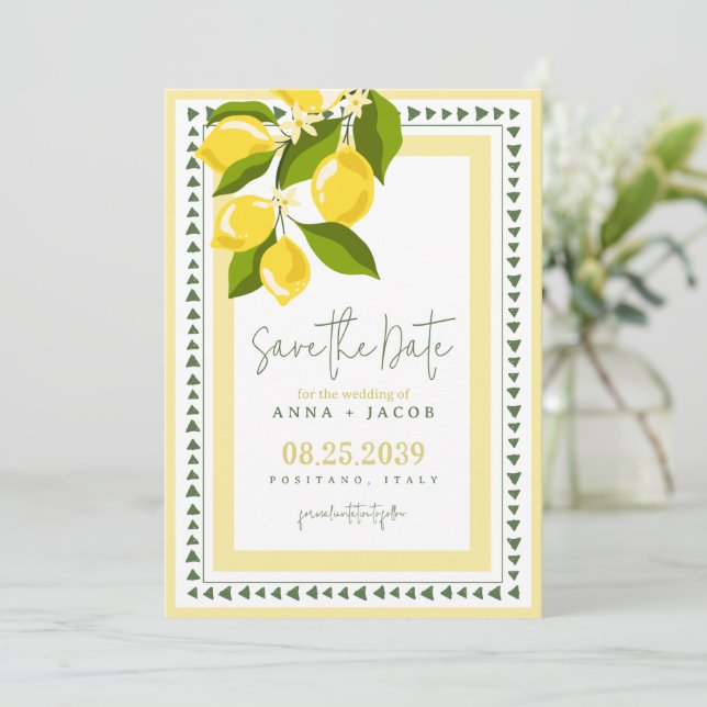 Citrus Yellow Lemon Italian Wedding Save The Date (Stehend Vorderseite)