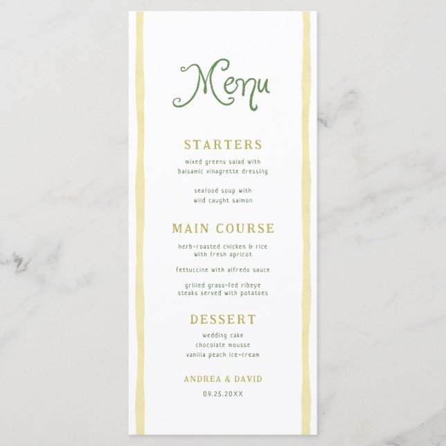 Citrus Yellow Stripe Coastal Beach Summer Wedding Menükarte (Vorderseite)
