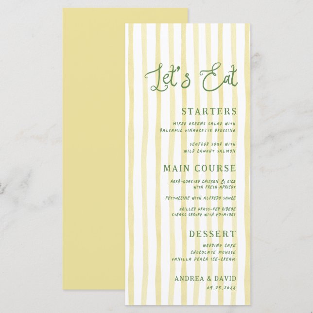 Citrus Yellow Stripe Handwriting Island Wedding Menükarte (Vorne/Hinten)