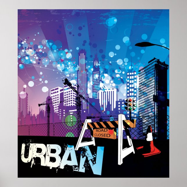 City buildings urban with closed road poster print (Vorne)