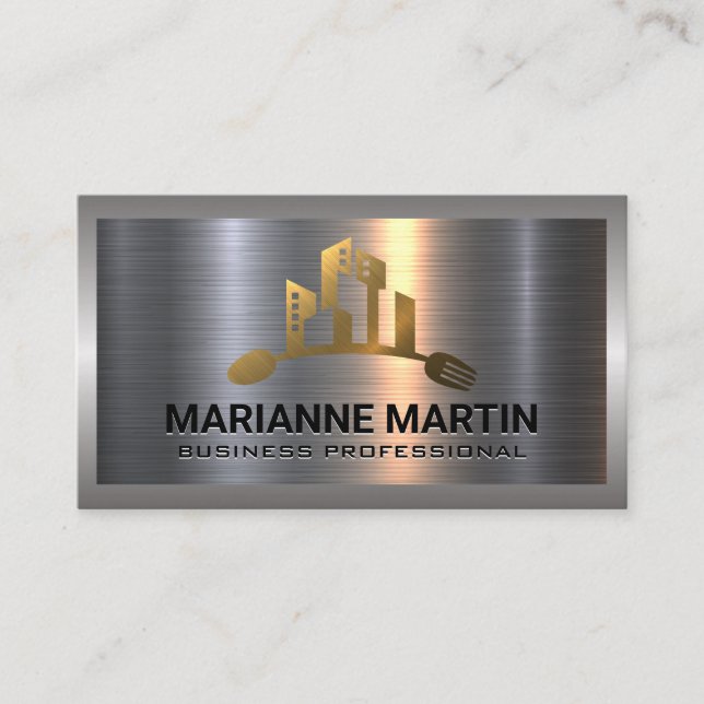 City Fork Spoon Logo | Metallsilber Visitenkarte (Vorderseite)