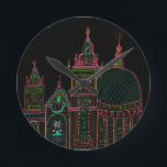 City Glow Bright Neon on Black Runde Wanduhr<br><div class="desc">Enjoy this whimsical city drawing on this colorful clock.
You can always add your own text. Let me know if you'd like something custom made.
If you buy it, thank you! Be sure to share a pic on Instagram of it in action and tag me @shoshannahscribbles :)</div>