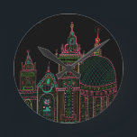 City Glow Bright Neon on Black  Runde Wanduhr<br><div class="desc">Enjoy this whimsical city drawing on this colorful clock.
 
 You can always add your own text. Let me know if you'd like something custom made. 
 
 If you buy it,  thank you! Be sure to share a pic on Instagram of it in action and tag me @shoshannahscribbles :)</div>