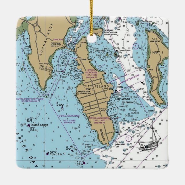 City Island Bronx NY Chart Keramikornament (Rückseite)