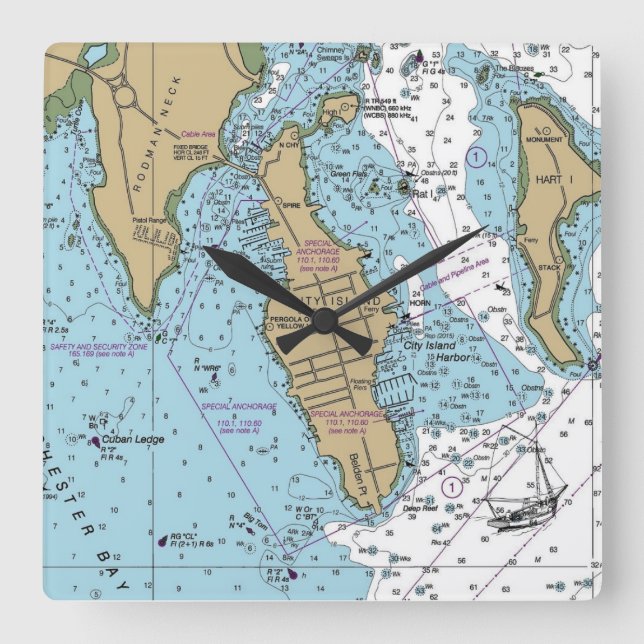 City Island Bronx NY Chart Quadratische Wanduhr (Vorderseite)