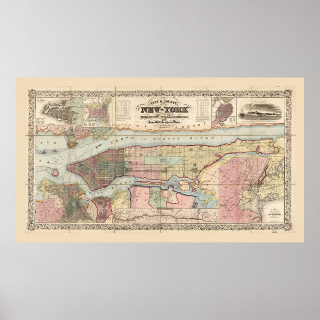 City & Landkreis Map of New York (1857) Poster (Vorne)