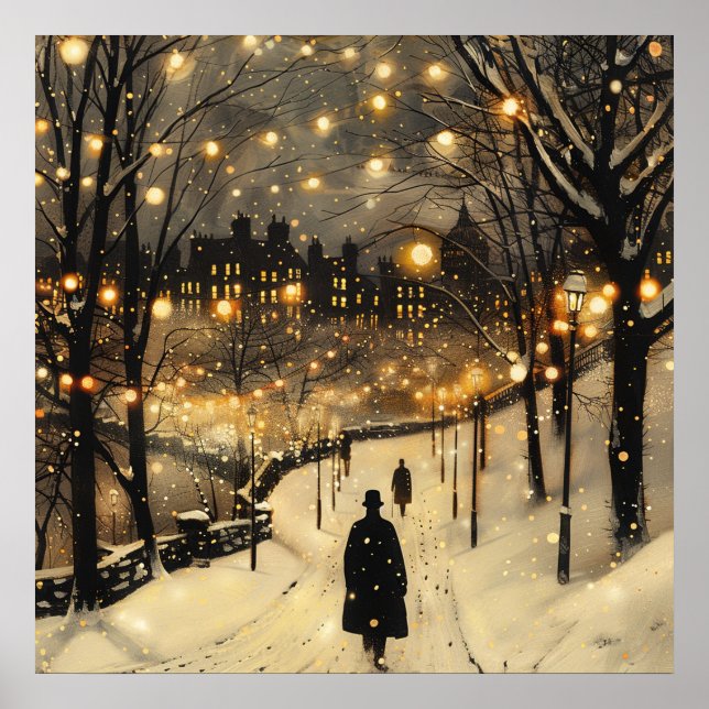 City Lights Winter Men in Black on Sidewalk Poster (Vorne)