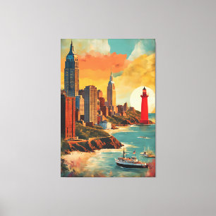 City Meets Sea - Lighthouse Skyline Fantasy Leinwanddruck