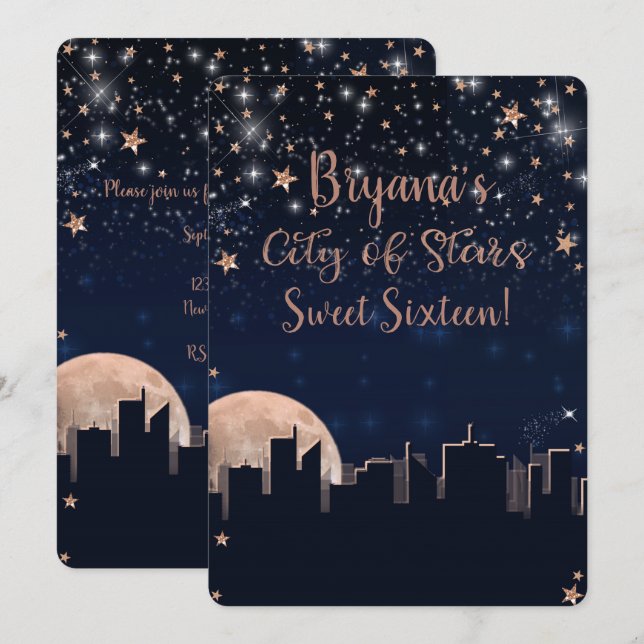 City of Stars Rose Gold Stars Blue Celestial Sky Einladung (Vorne/Hinten)