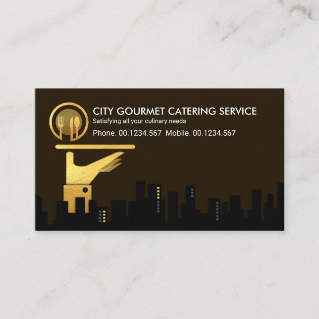 City Silhouette Gold Waiter Hand Visitenkarte (Vorderseite)