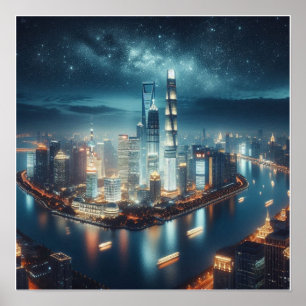 City-Skyline auf Nachtwandplakat Poster