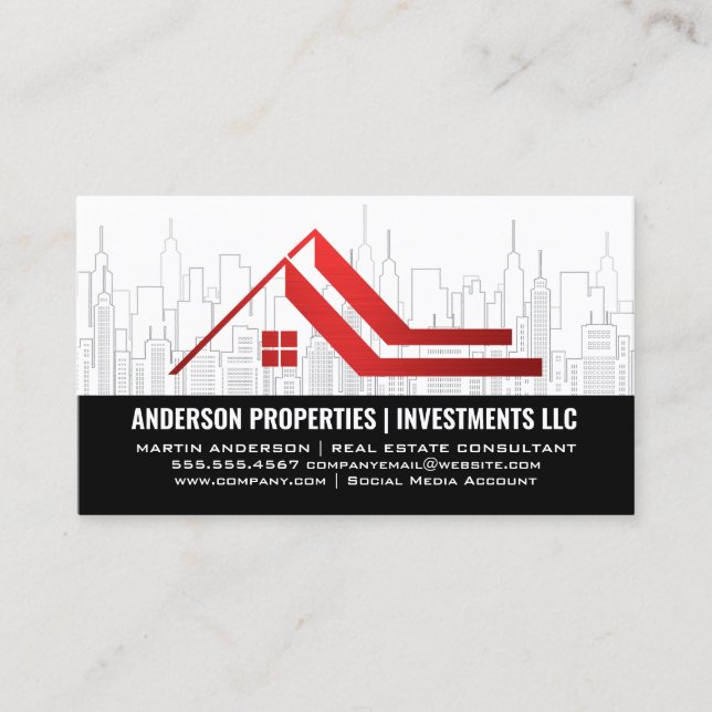 City Skyline | Red Realtor-Logo Visitenkarte (Vorderseite)