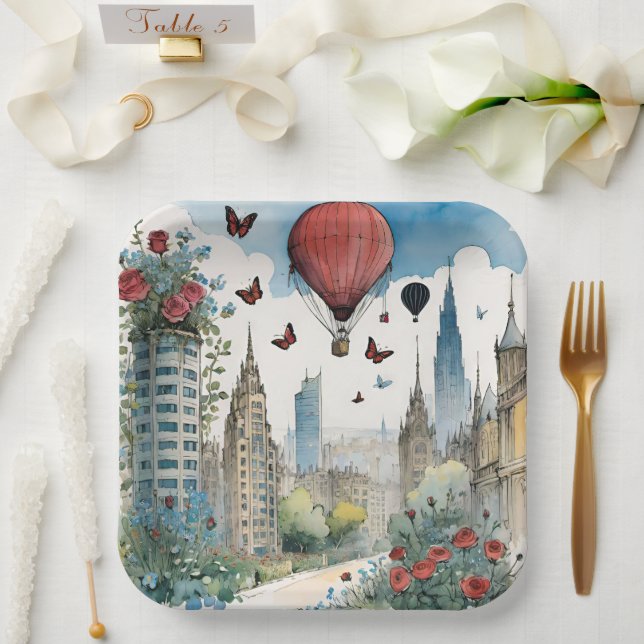 City Skyling Rose Schmetterlinge und Heißluftballo Pappteller (Hochzeit)
