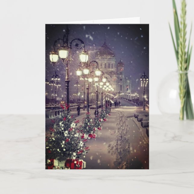 City, snow, lights, all lite up by street lights.. dankeskarte (Vorderseite)