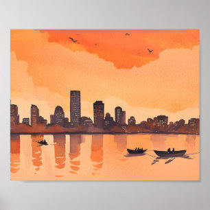 City Sunset   Orange City Skyline Watercolor Poster
