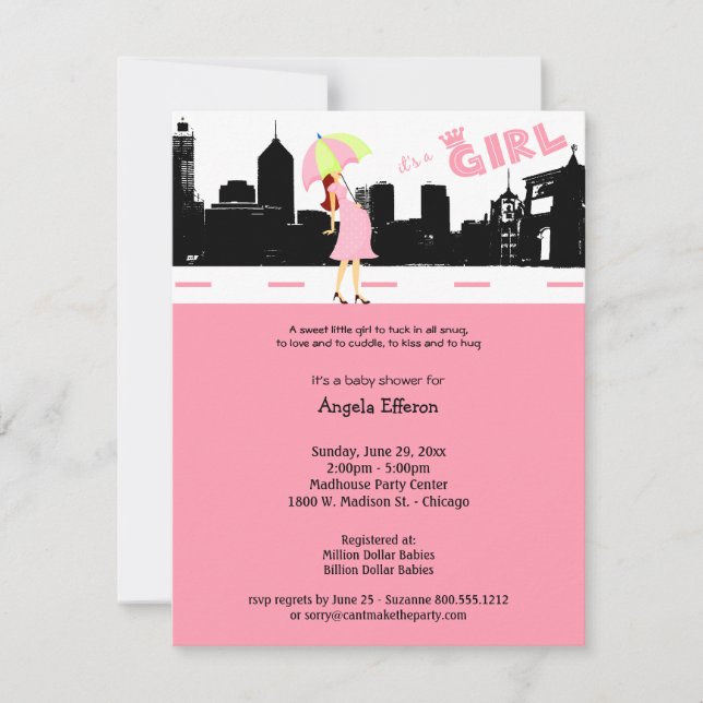 Cityscape Baby Girl Dusche Einladung (Vorderseite)