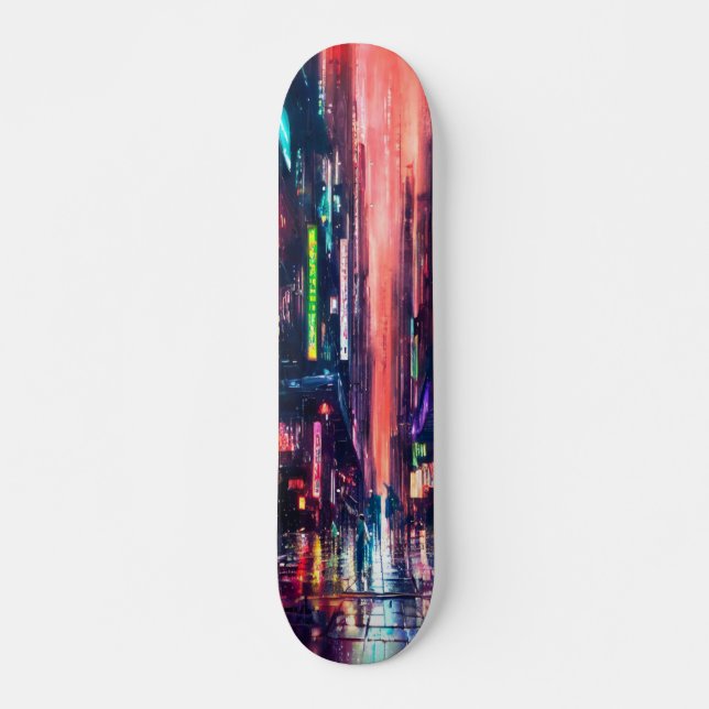 CityScape Neon Lights in Rain Design Skateboard (Vorne)