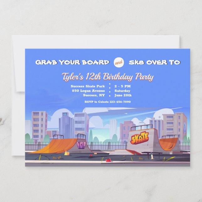 Cityscape Skate Park Geburtstagsparty  Einladung (Vorderseite)