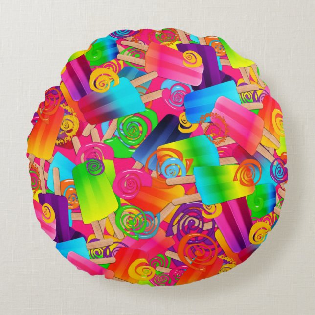 CKC Popsicle Wirbel, PINK-ROUND DURCHGEFÜHRT Rundes Kissen (Vorderseite)