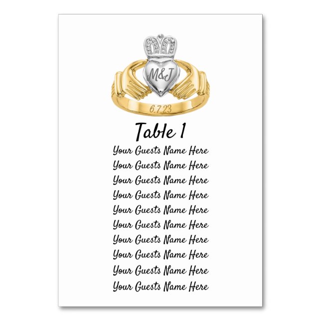 Claddagh-Ring Hochzeitstisch Plan Initialen & Datu Tischnummer (Vorderseite)