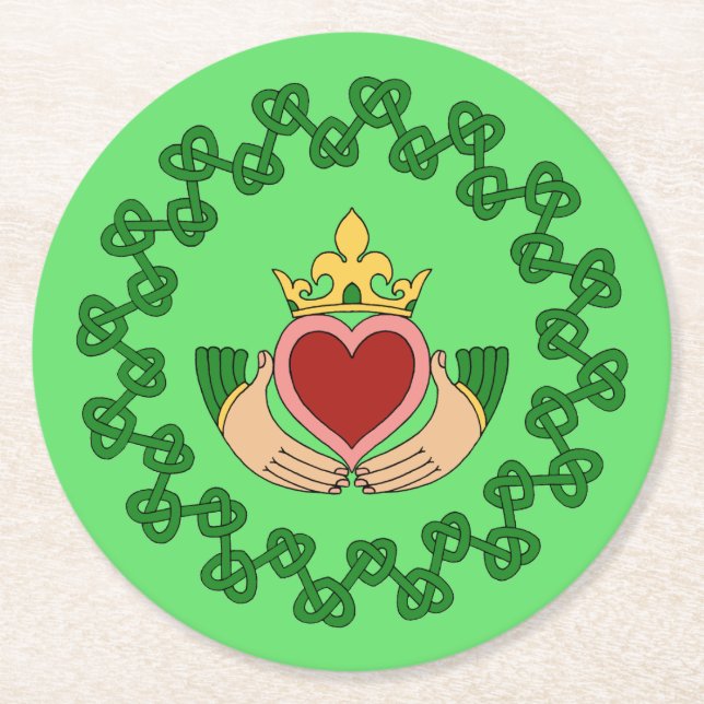 Claddagh und grüne Knüpfarbeit Runder Pappuntersetzer (Vorderseite)
