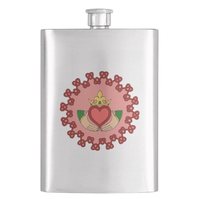 Claddagh und rote Knüpfarbeit auf Rosa Flachmann (Vorderseite)