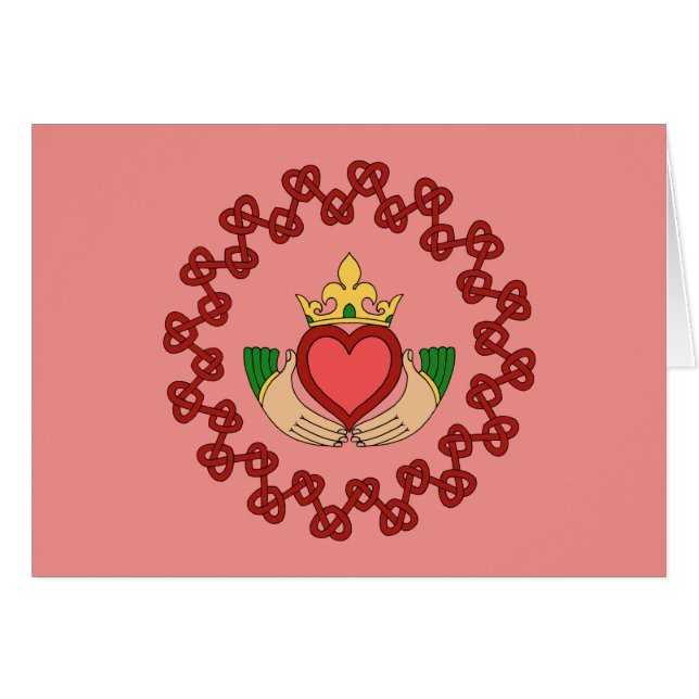 Claddagh und rote Knüpfarbeit auf rosa Gruß-Karte (Vorderseite (Horizontal))