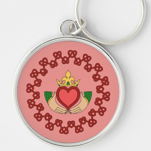 Claddagh und Rote Knüpfarbeit auf Rosa Schlüsselanhänger (Vorne)