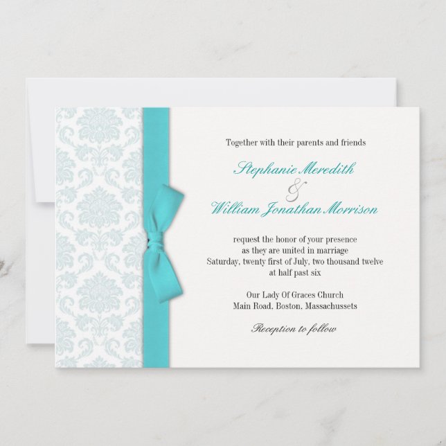 Clair bleu Damask Turquoise Bow Faire-part de mari (Devant)