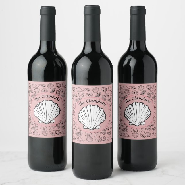 Clambake Pink Sparkling Wine Seashells Pattern Par Weinetikett (Flaschen)