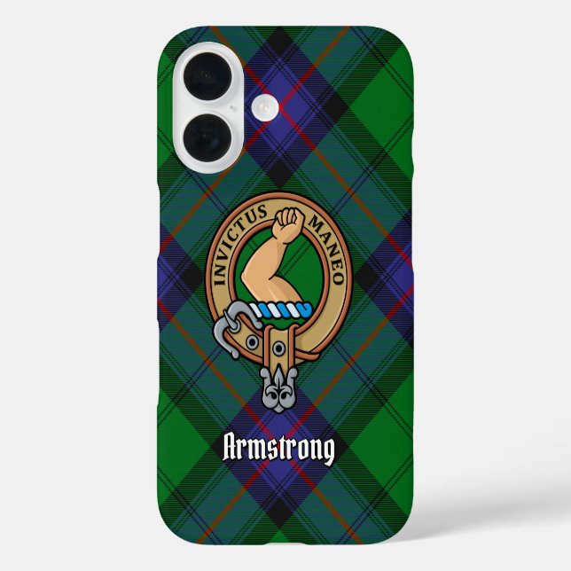 Clan Armstrong Wappen über Tartan iPhone 16 Hülle (Rückseite)